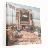 Side view of a caravan depicted in muted earth tones on a large stretched canvas, suitable for kitchen wall art.