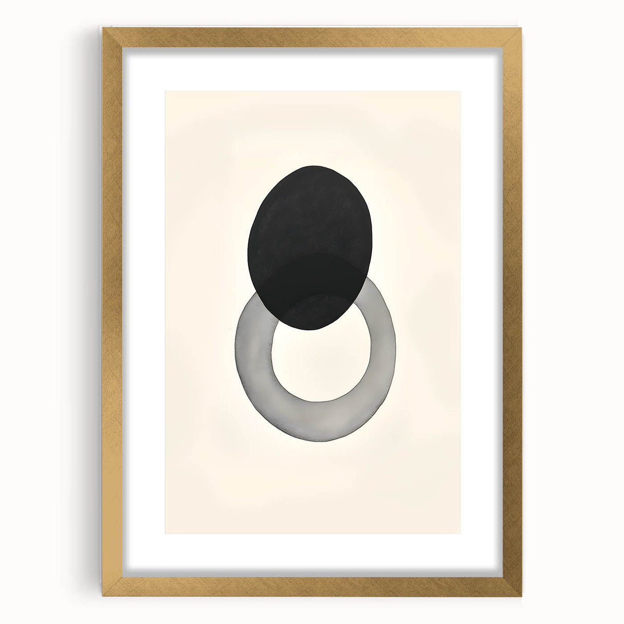 Abstract minimalist wall art framed in gold, showcasing geometric shapes and soft color tones, ideal for modern home decor and stylish interiors.