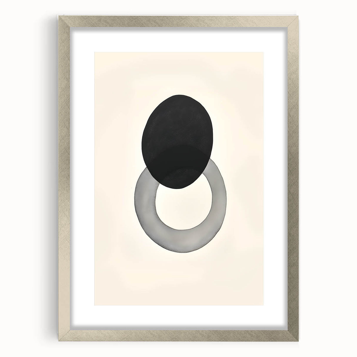 Abstract minimalist wall art framed in silver with a white mat, showcasing geometric shapes and soft colors, ideal for contemporary home decor.