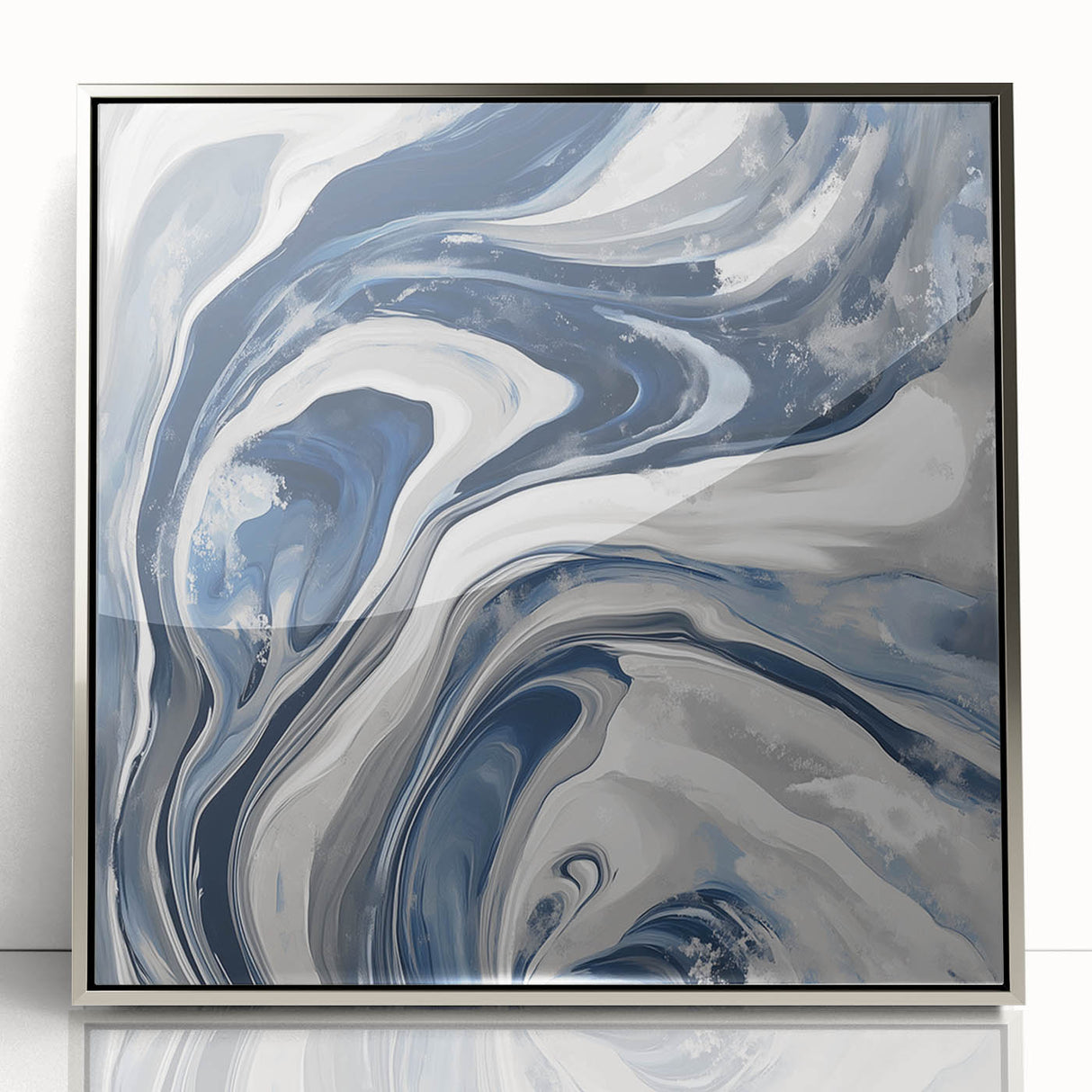 Contemporary Abstract Canvas – Fluid Navy, Gray, and Silver Artwork