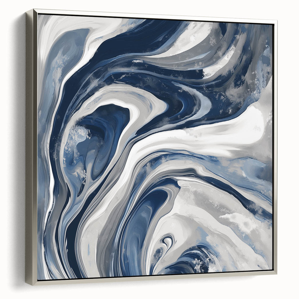 Contemporary Abstract Canvas – Fluid Navy, Gray, and Silver Artwork