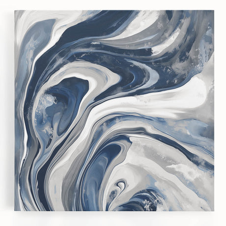 Contemporary Abstract Canvas – Fluid Navy, Gray, and Silver Artwork