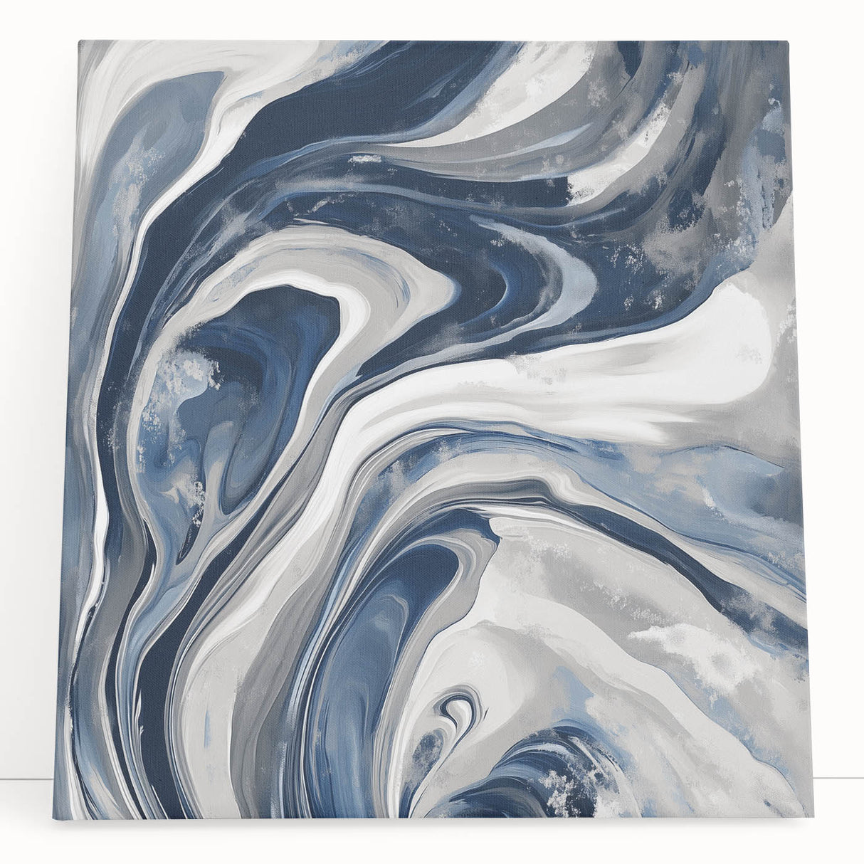 Contemporary Abstract Canvas – Fluid Navy, Gray, and Silver Artwork