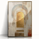 Framed acrylic wall art featuring abstract minimalist design with gold accents, showcasing a modern aesthetic. Ideal for contemporary home decor.