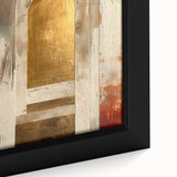 Abstract minimalist wall art close-up featuring soft, muted colors and geometric shapes, elegantly framed for a modern aesthetic in home decor.