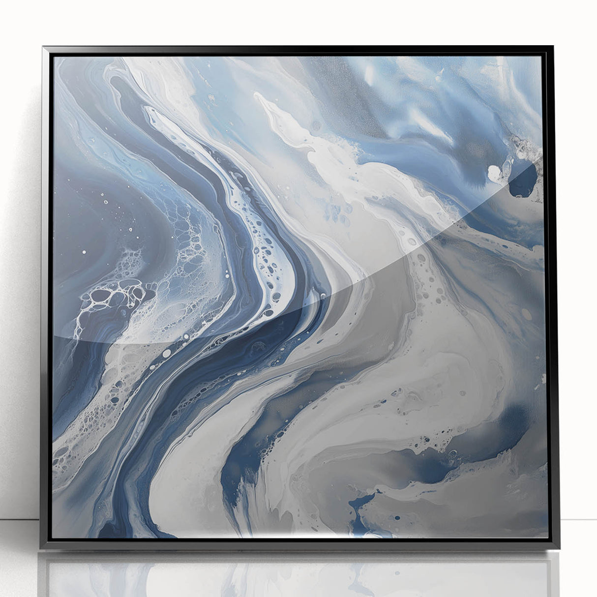 Geometric Abstract Wall Decor – Flowing Navy and Silver Artwork