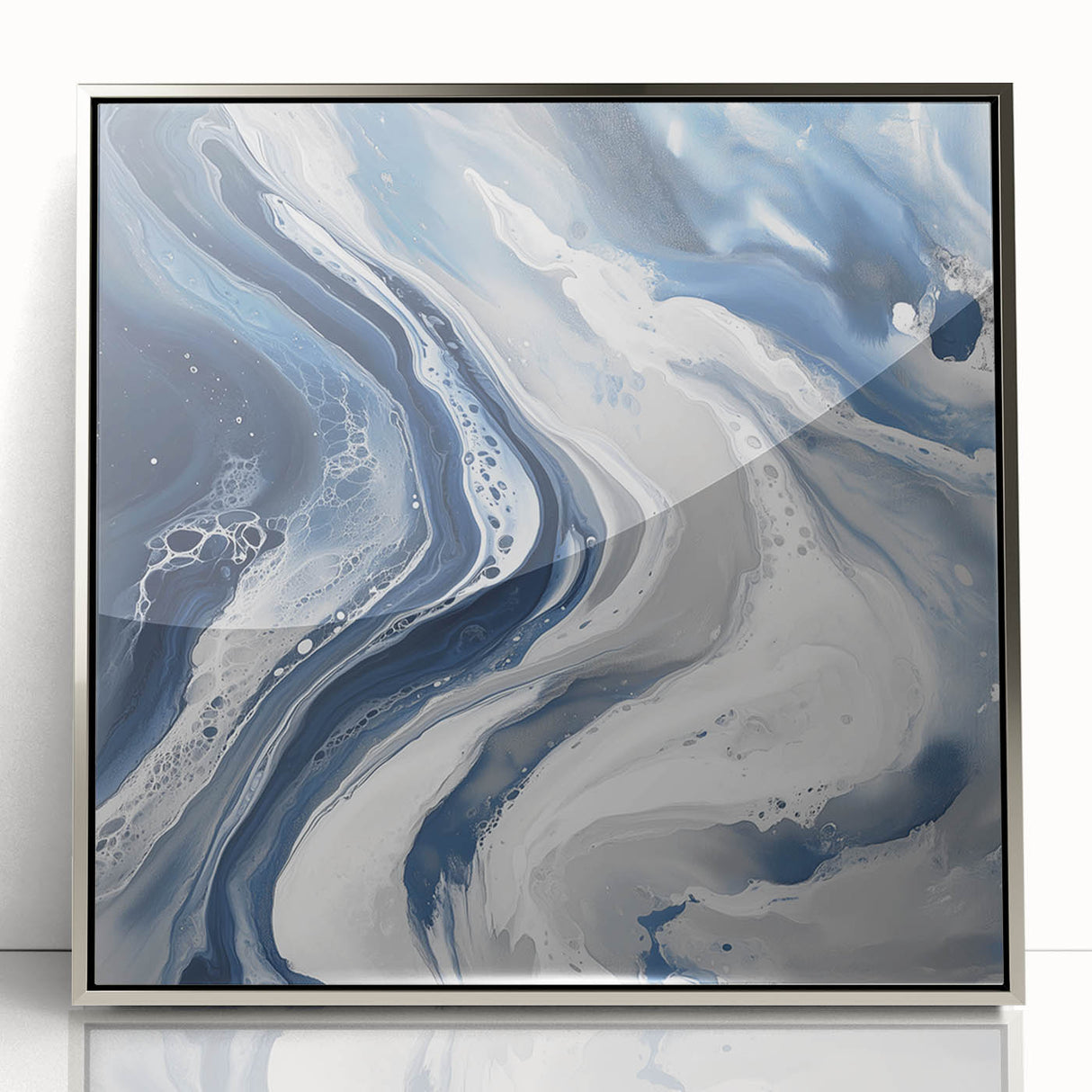 Geometric Abstract Wall Decor – Flowing Navy and Silver Artwork
