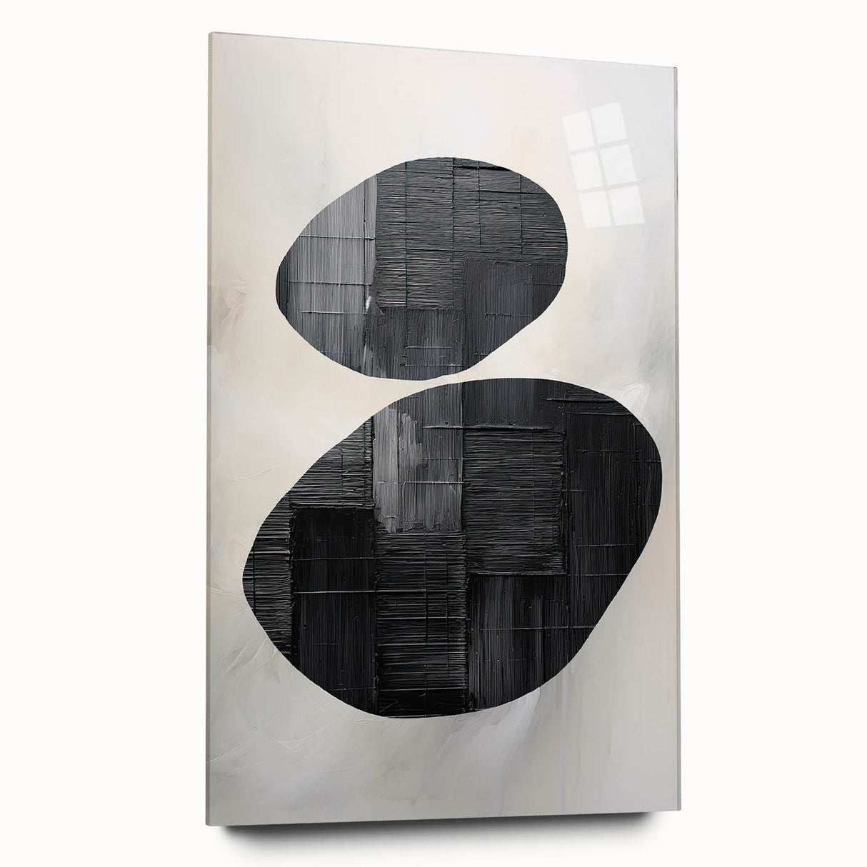 Abstract minimalist wall art displayed in a sleek acrylic frame, showcasing a harmonious blend of soft colors and geometric shapes, perfect for modern decor.