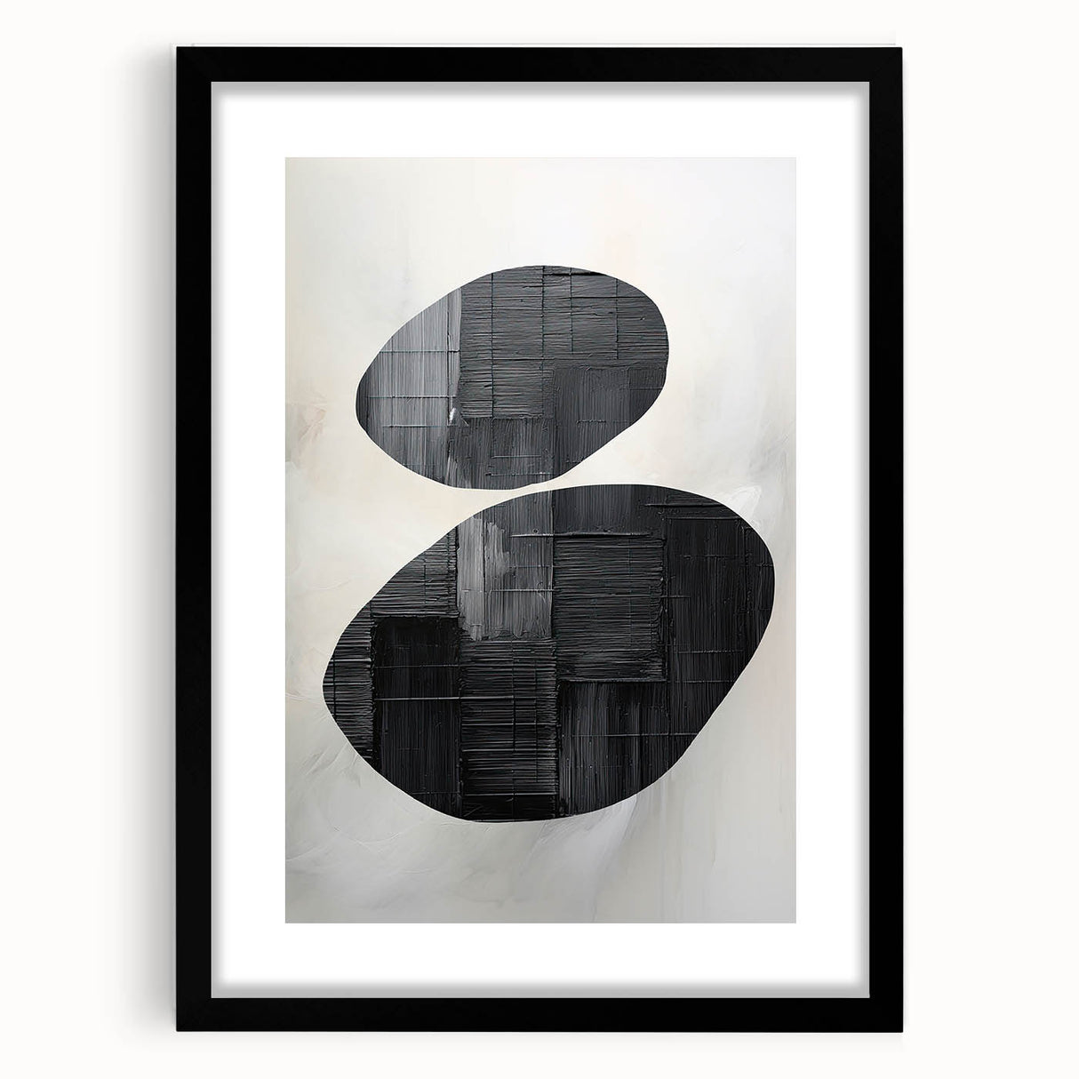 Abstract minimalist wall art framed in black, showcasing geometric shapes and soft neutral tones, perfect for modern decor in living spaces or offices.