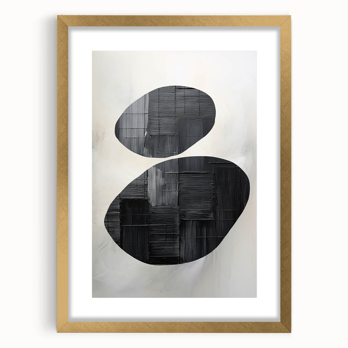 Abstract minimalist wall art framed in gold, showcasing a sleek design with a white mat, perfect for contemporary home decor. Ideal for adding elegance to any space.