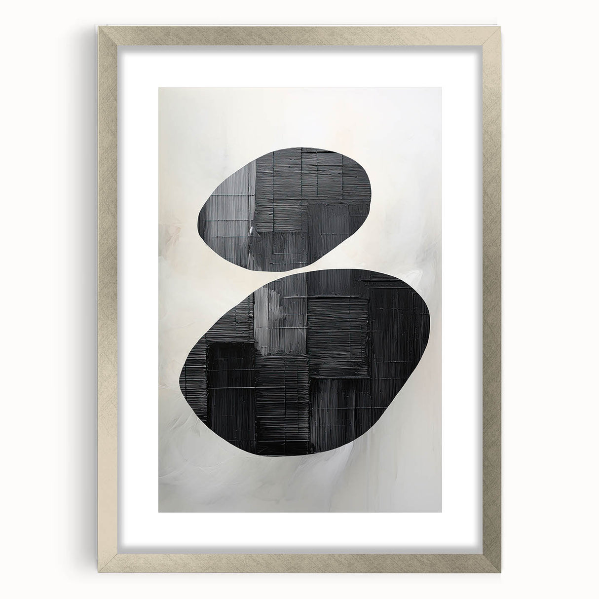 Abstract minimalist wall art framed in silver, showcasing geometric shapes and soft colors, designed to enhance contemporary interiors and add elegance.