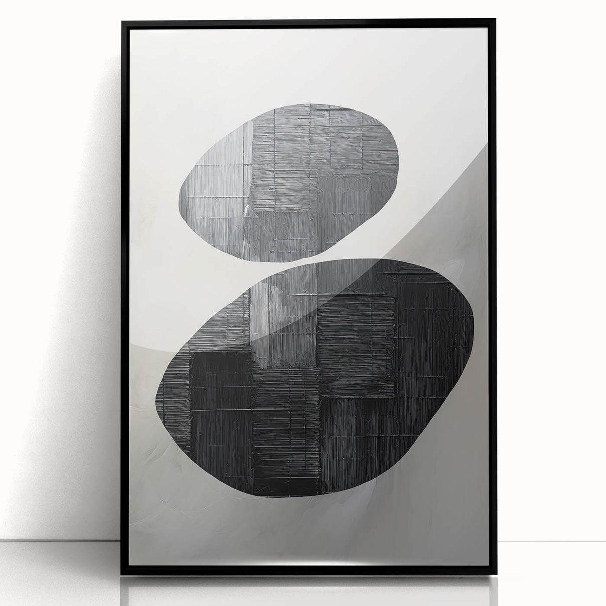 Framed abstract minimalist wall art featuring a sleek black acrylic design, set against a light background, ideal for modern home decor and artistic spaces.