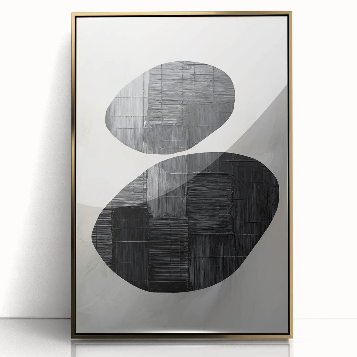 Framed abstract minimalist wall art featuring gold accents and a sleek acrylic surface, perfect for modern home decor, displayed in a stylish front view.