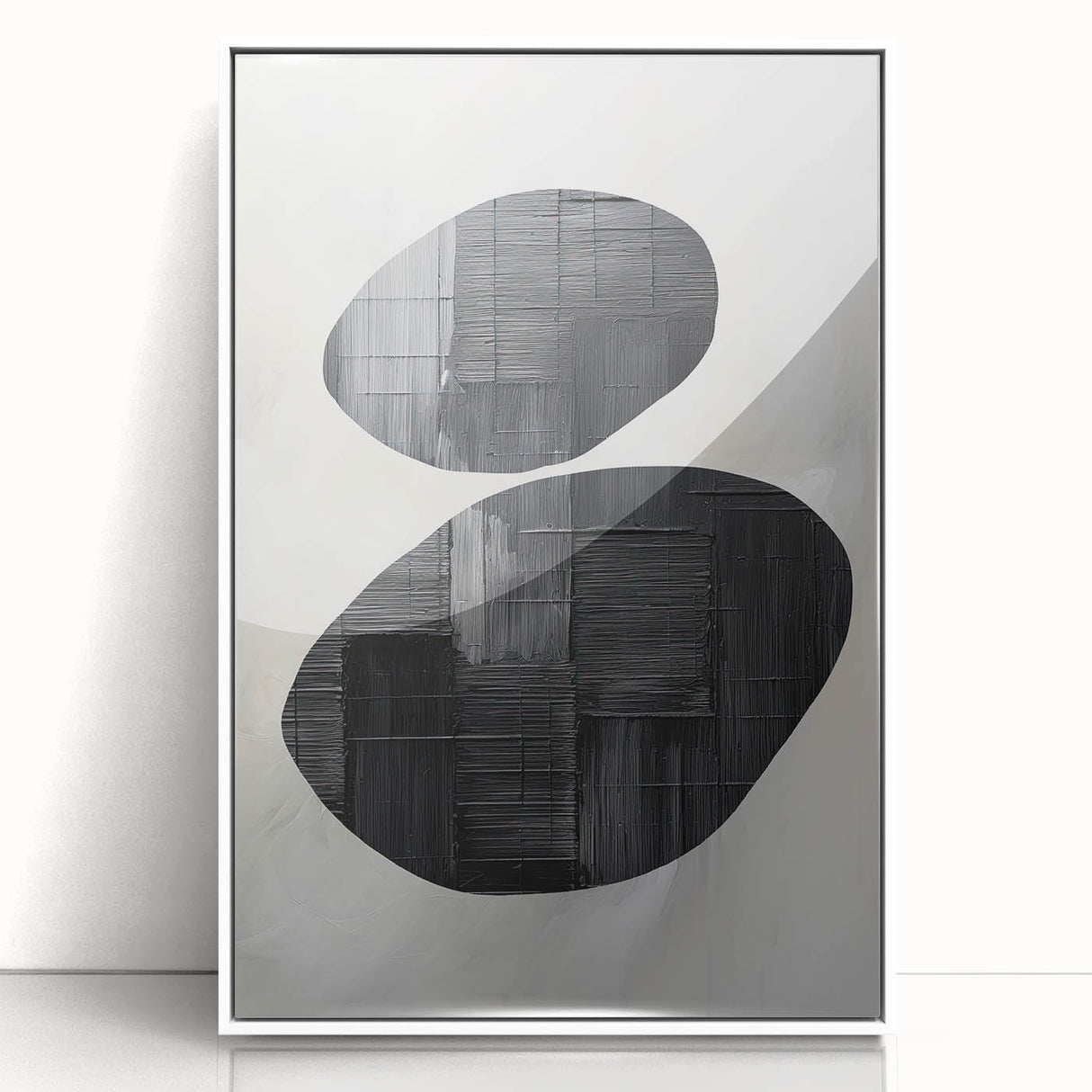 Framed minimalist abstract wall art in white acrylic, showcasing soft geometric shapes and muted colors, ideal for modern home decor and elegant interiors.