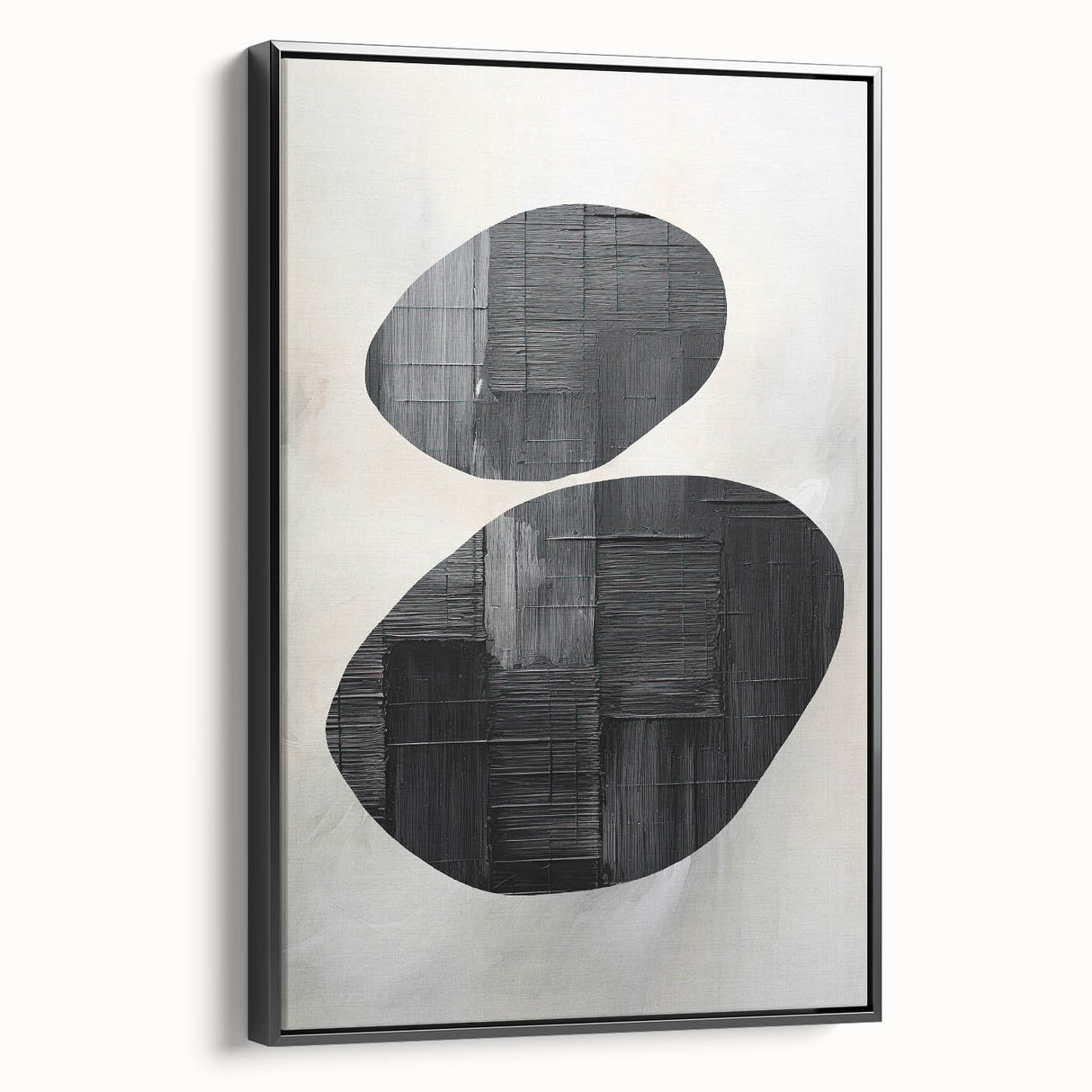 Framed canvas wall art showcasing a minimalist black abstract design, viewed from the side, ideal for modern home decor and artistic expressions. This piece adds a touch of sophistication to any interior space with its sleek lines and contemporary aesthetic.