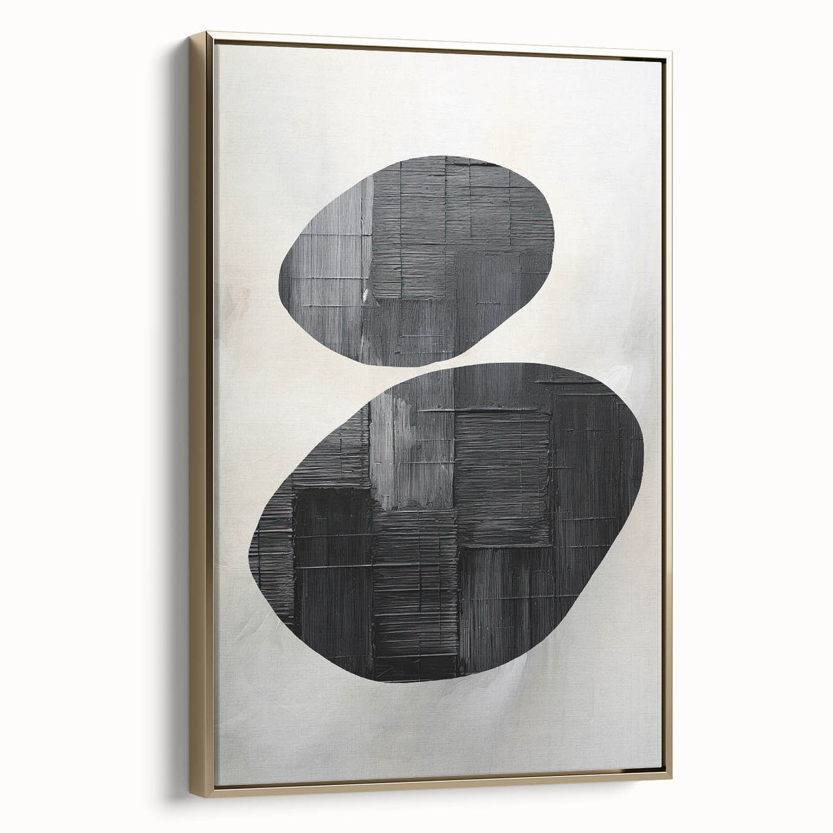 Framed minimalist wall art featuring an abstract design with gold accents, showcasing sleek lines and shapes, ideal for modern home decor.