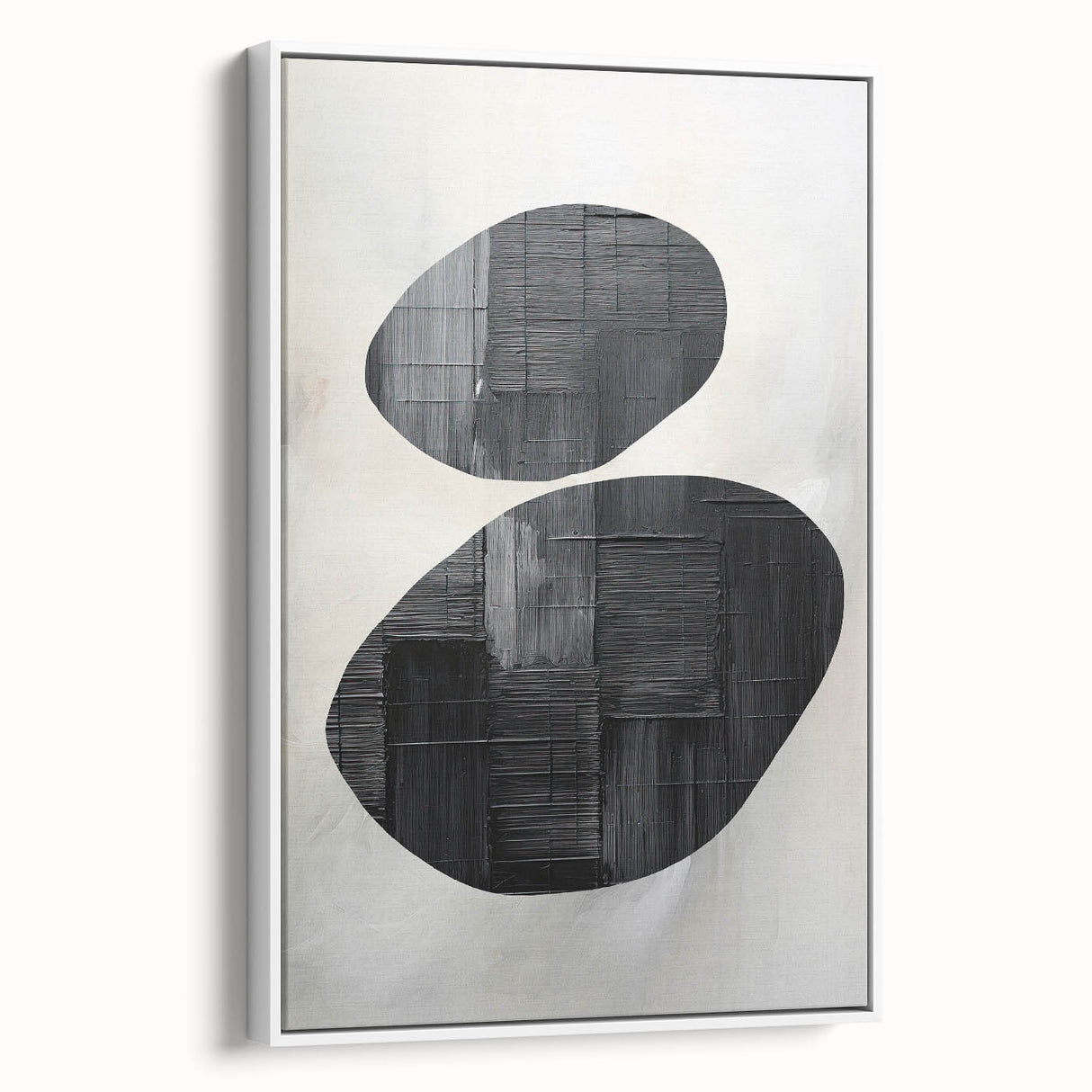 Abstract minimalist wall art in a white frame, showcasing a geometric design with soft color tones, ideal for modern home decor. Side view highlights the depth and texture.