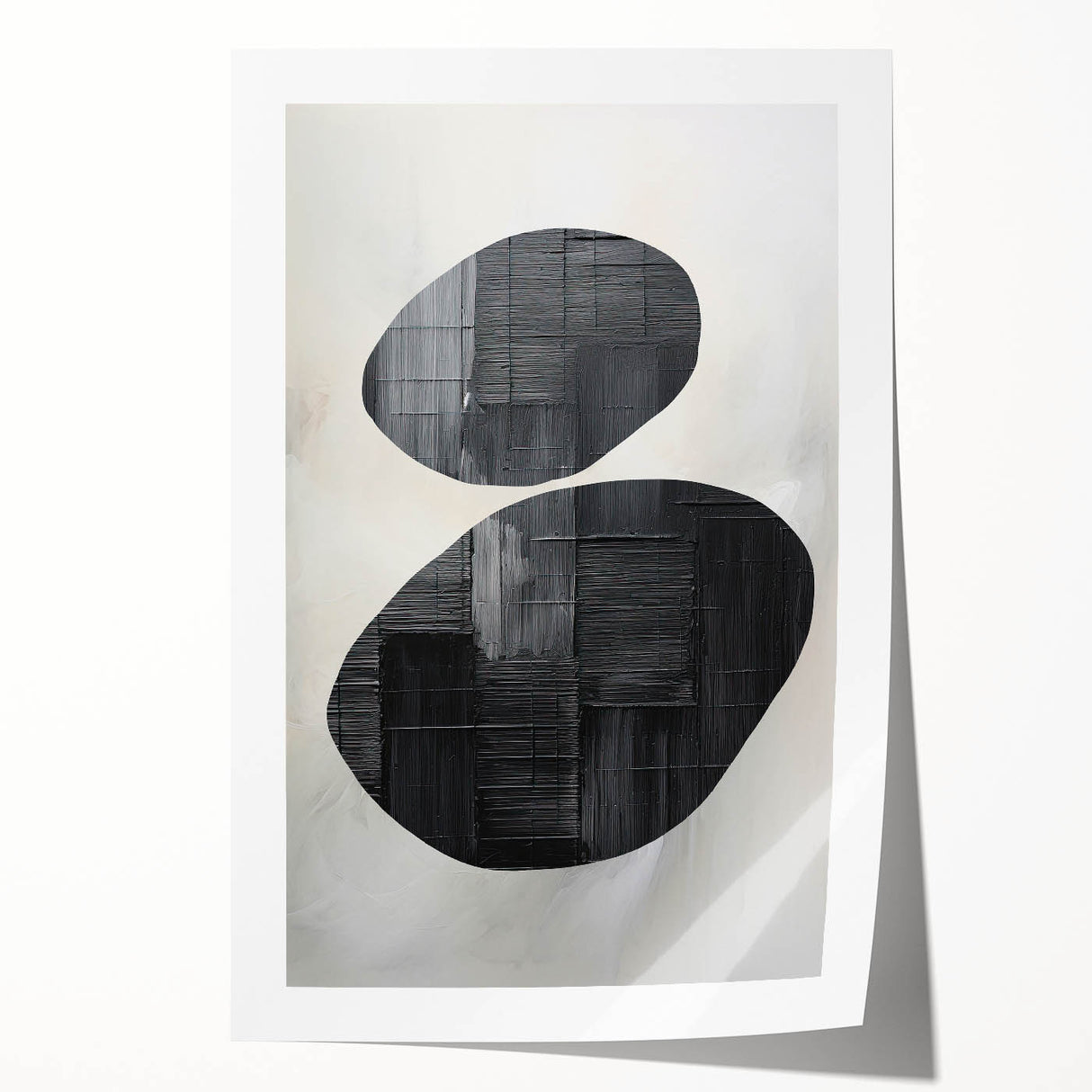 Abstract minimalist wall art print featuring soft pastel colors and geometric shapes, elegantly rolled and packaged in a protective cardboard tube. Perfect for modern decor.