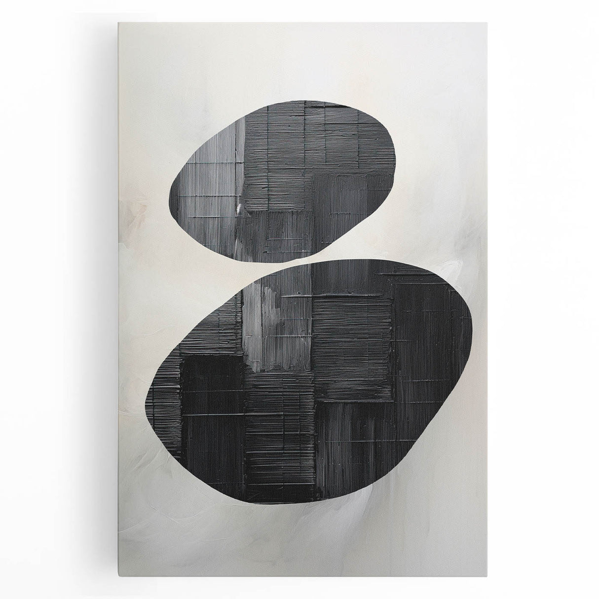 Abstract minimalist wall art on stretched canvas, showcasing soft neutral tones and geometric shapes, perfect for modern home decor or office spaces.