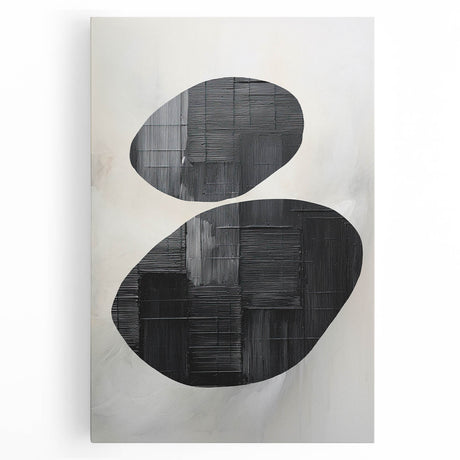 Abstract minimalist wall art on stretched canvas, showcasing soft neutral tones and geometric shapes, perfect for modern home decor or office spaces.