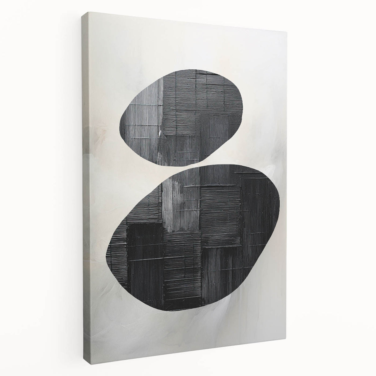 Abstract minimalist wall art on stretched canvas, showcasing a blend of soft neutral tones and geometric shapes, emphasizing modern decor aesthetics.