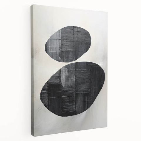 Abstract minimalist wall art on stretched canvas, showcasing a blend of soft neutral tones and geometric shapes, emphasizing modern decor aesthetics.