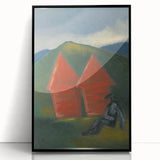 Modern Rural Landscape Wall Art - Abstract Barns with Dark Tones