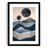 Abstract minimalist wall art framed in black with a white mat, showcasing geometric patterns and soft neutral tones, perfect for modern home decor.