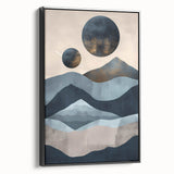 Framed minimalist abstract wall art in black, showcasing geometric patterns, displayed from the side, perfect for modern home decor and stylish interior design.