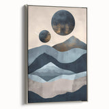 Framed minimalist abstract wall art featuring a silver border, showcasing a modern design with soft colors and geometric shapes, ideal for contemporary decor.