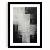Abstract minimalist wall art framed with a black mat, showcasing geometric shapes and soft colors, ideal for modern home decor and artistic environments.