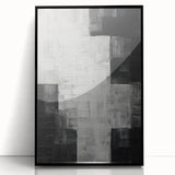Framed minimalist abstract wall art featuring bold black lines and shapes on a white background, ideal for modern home decor, adding elegance and style to any space.