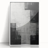 Framed abstract minimalist wall art featuring a soft color palette of whites and light grays, displayed from a front view to highlight its sleek design. Ideal for modern home decor.