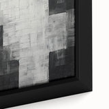 Close-up of a framed minimalist abstract wall art design showcasing soft pastel colors and geometric shapes, perfect for modern home decor.