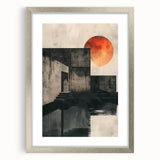 Abstract minimalist wall art framed in silver, showcasing geometric shapes with soft colors, perfect for modern home décor or office settings.