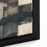 Close-up of a framed minimalist abstract wall art piece showcasing soft pastel colors and geometric shapes, perfect for modern home decor and stylish interiors.