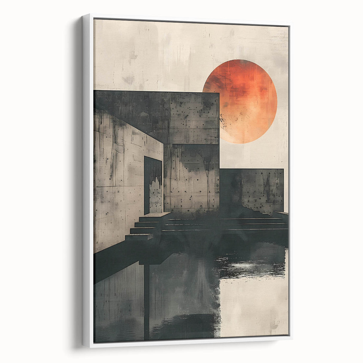 Framed minimalist abstract wall art showcasing a sleek white design, elegantly displayed from a side view, perfect for modern home decor.