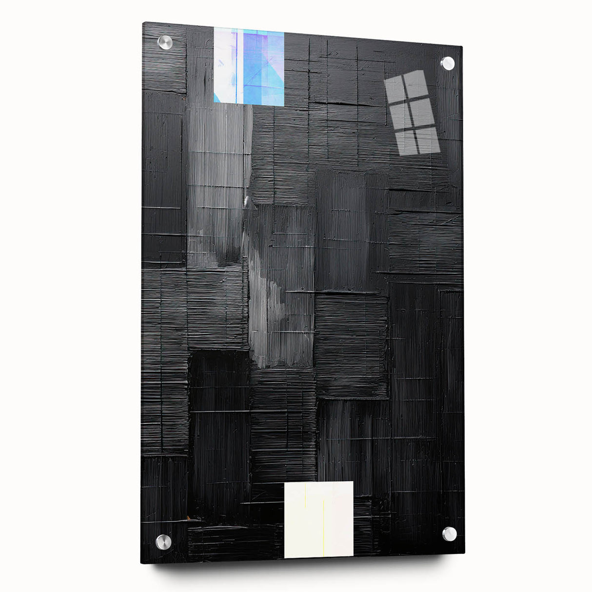 Abstract minimalist wall art piece displayed in a side view on acrylic glass, showcasing geometric shapes and soft color gradients, suitable for modern decor.