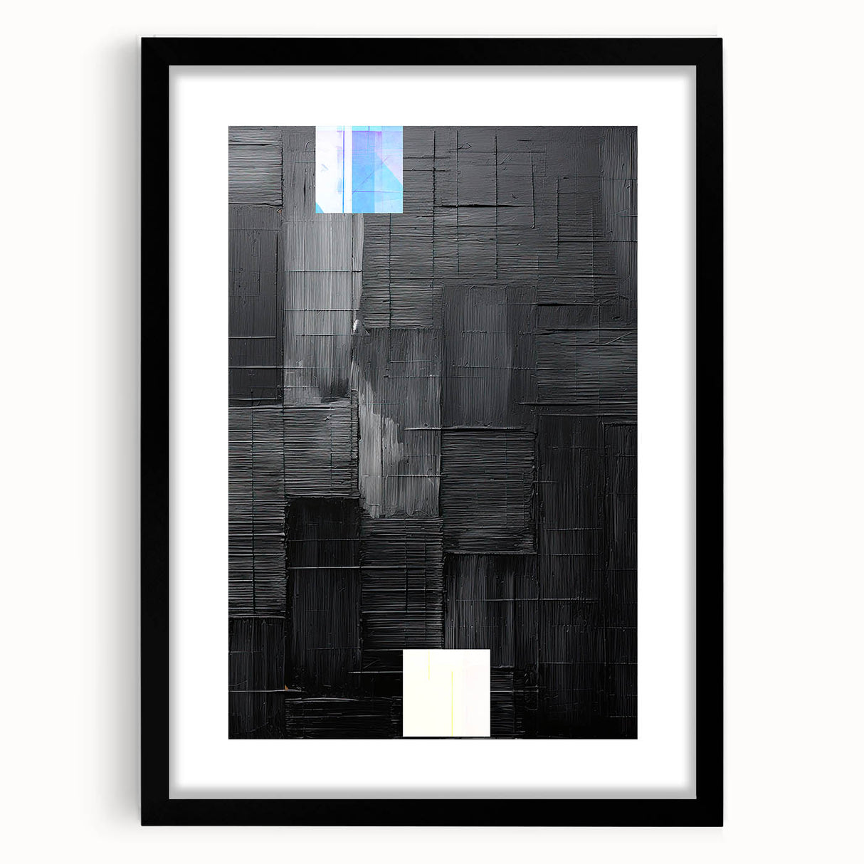 Abstract minimalist wall art framed with a black mat, showcasing geometric patterns and subtle color contrasts, perfect for modern home decor.