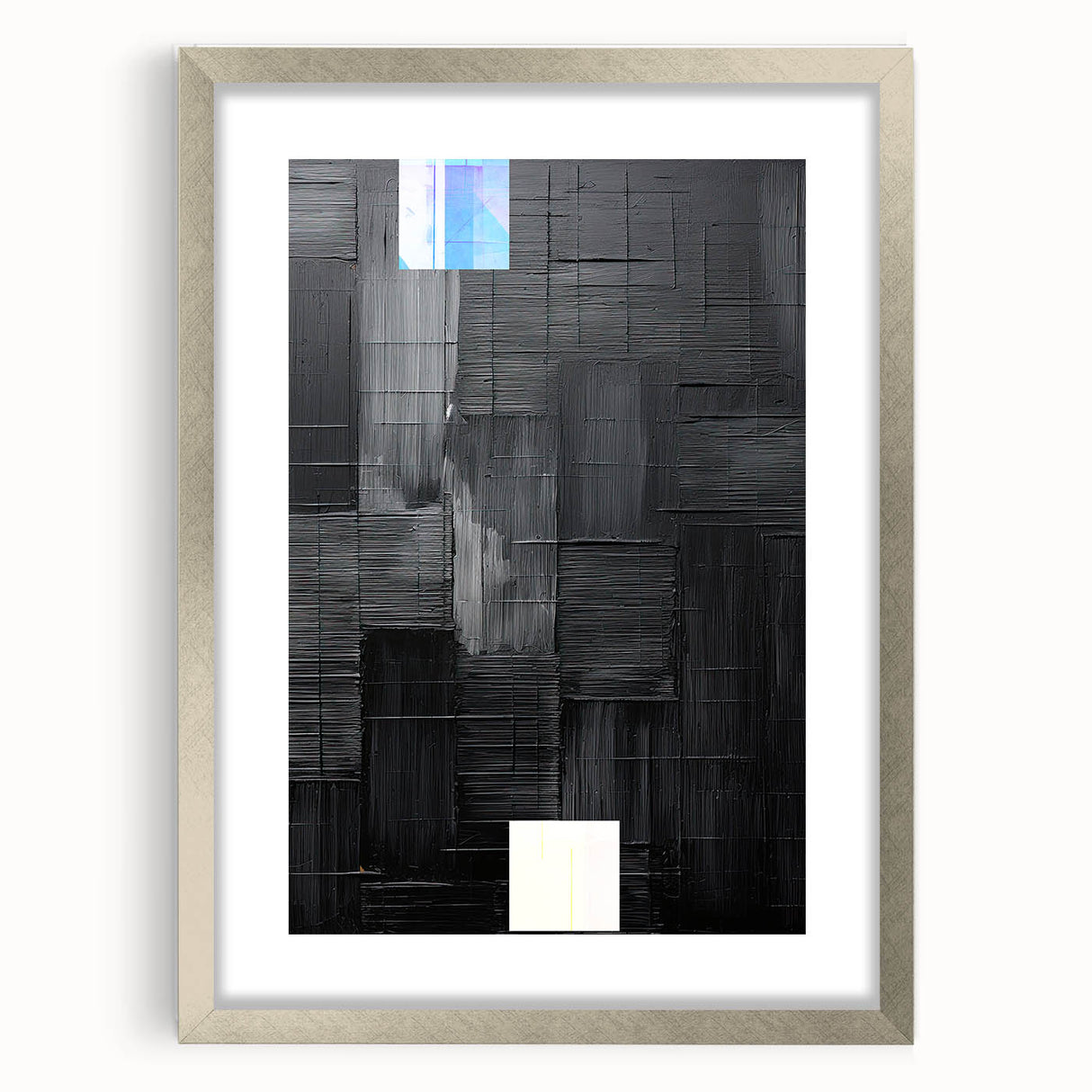 Abstract minimalist wall art framed in silver with a white mat, showcasing geometric patterns and soft color gradients, perfect for modern home decor.