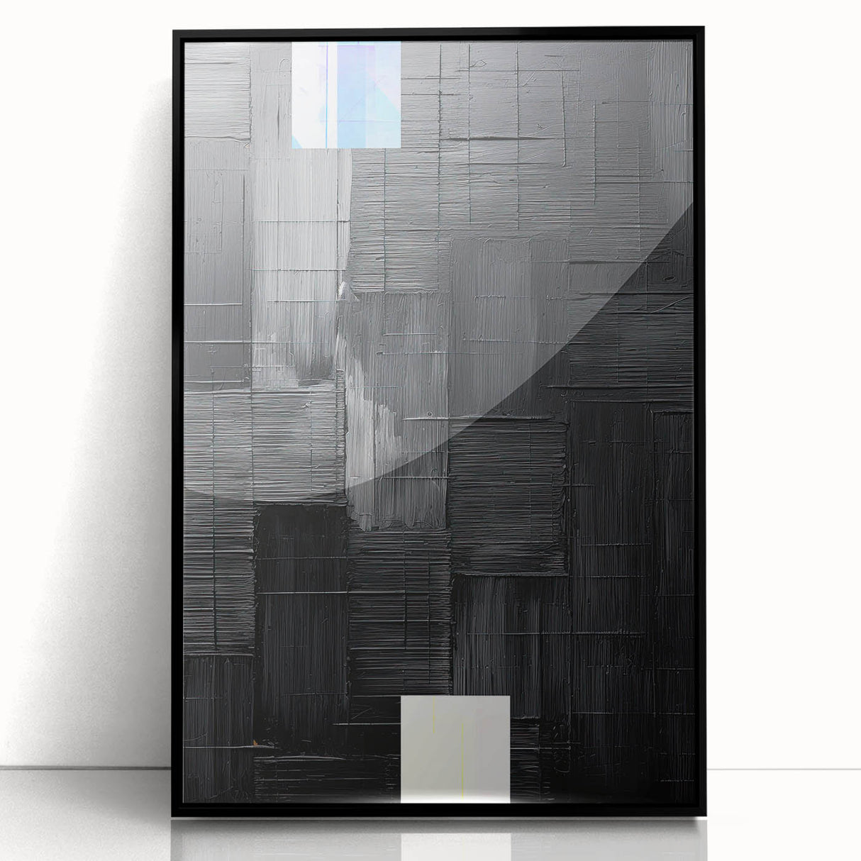 Framed abstract minimalist wall art in black acrylic, showcasing geometric designs that enhance modern decor, ideal for contemporary living spaces.