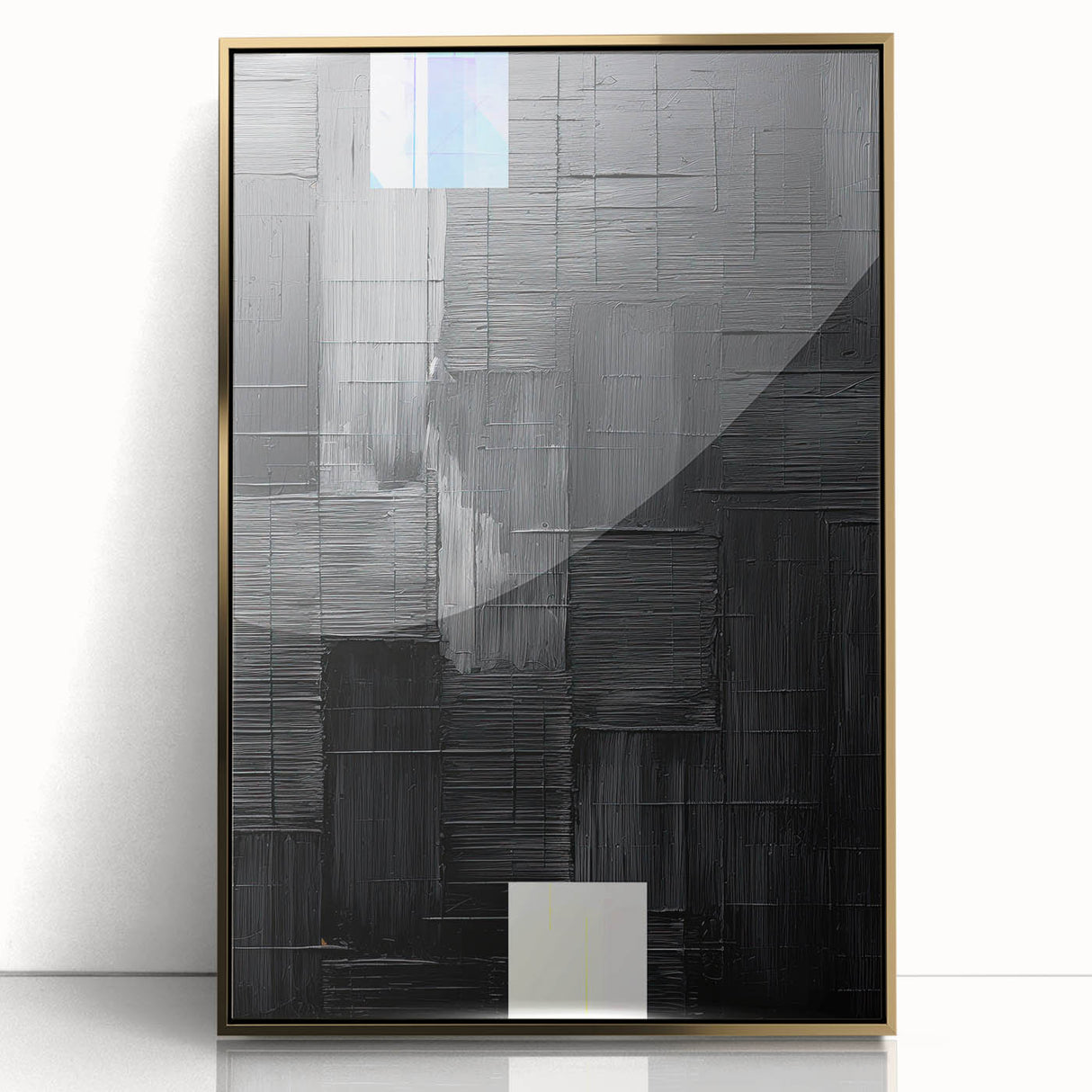 Framed acrylic wall art featuring an abstract minimalist design with gold accents, showcased in a sleek front view, ideal for modern home decor.