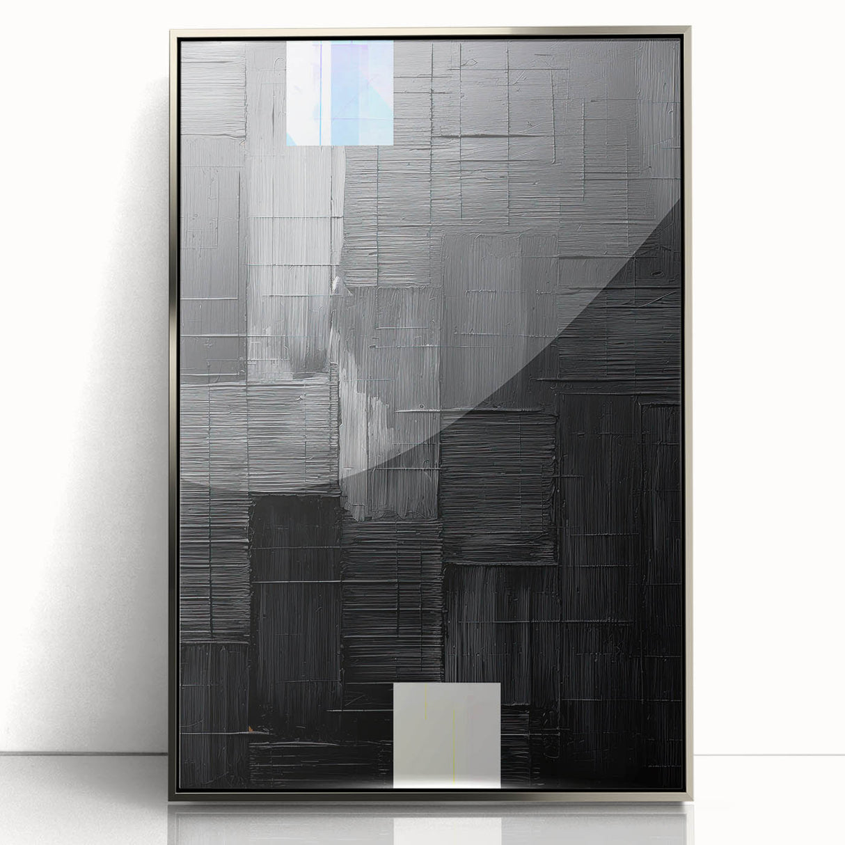 Framed abstract minimalist wall art in silver acrylic, showcasing geometric shapes and soft colors, ideal for modern decor. Perfect for enhancing contemporary interiors.