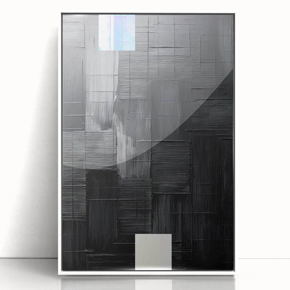 Abstract minimalist wall art framed in white acrylic, showcasing soft pastel colors and geometric shapes, perfect for modern home decor and aesthetic enhancement.