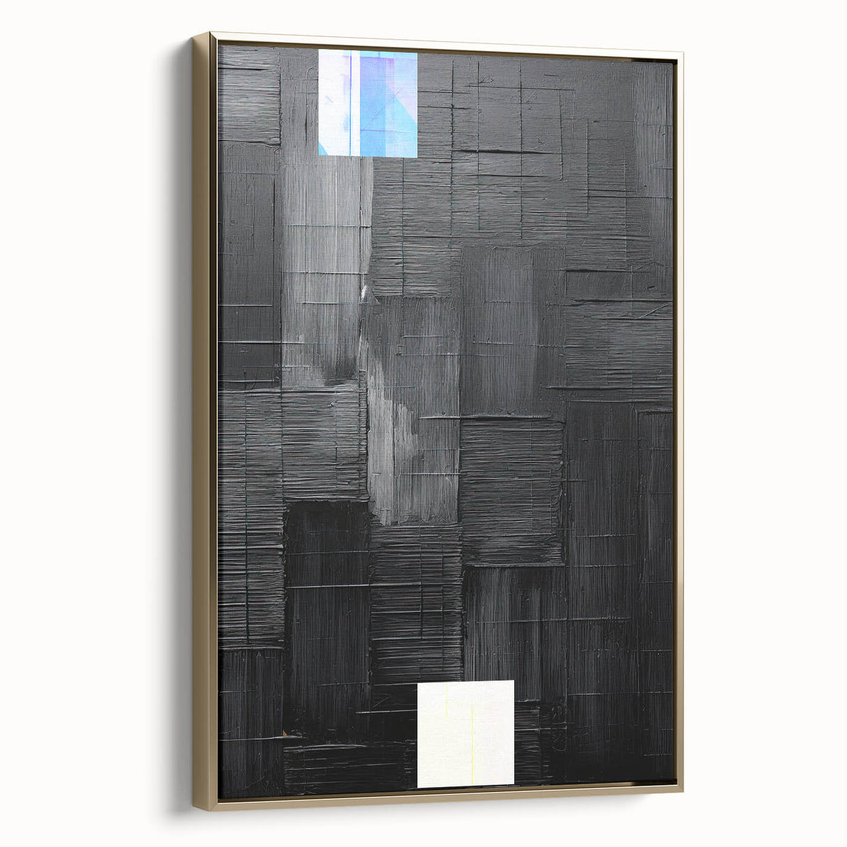 Framed minimalist wall art featuring abstract design in gold tones, displayed from a side view, perfect for modern decor and enhancing living spaces.