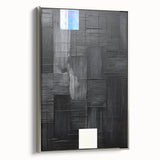 Framed abstract minimalist wall art in silver showcasing geometric shapes and subtle textures, ideal for modern home decor, viewed from the side.