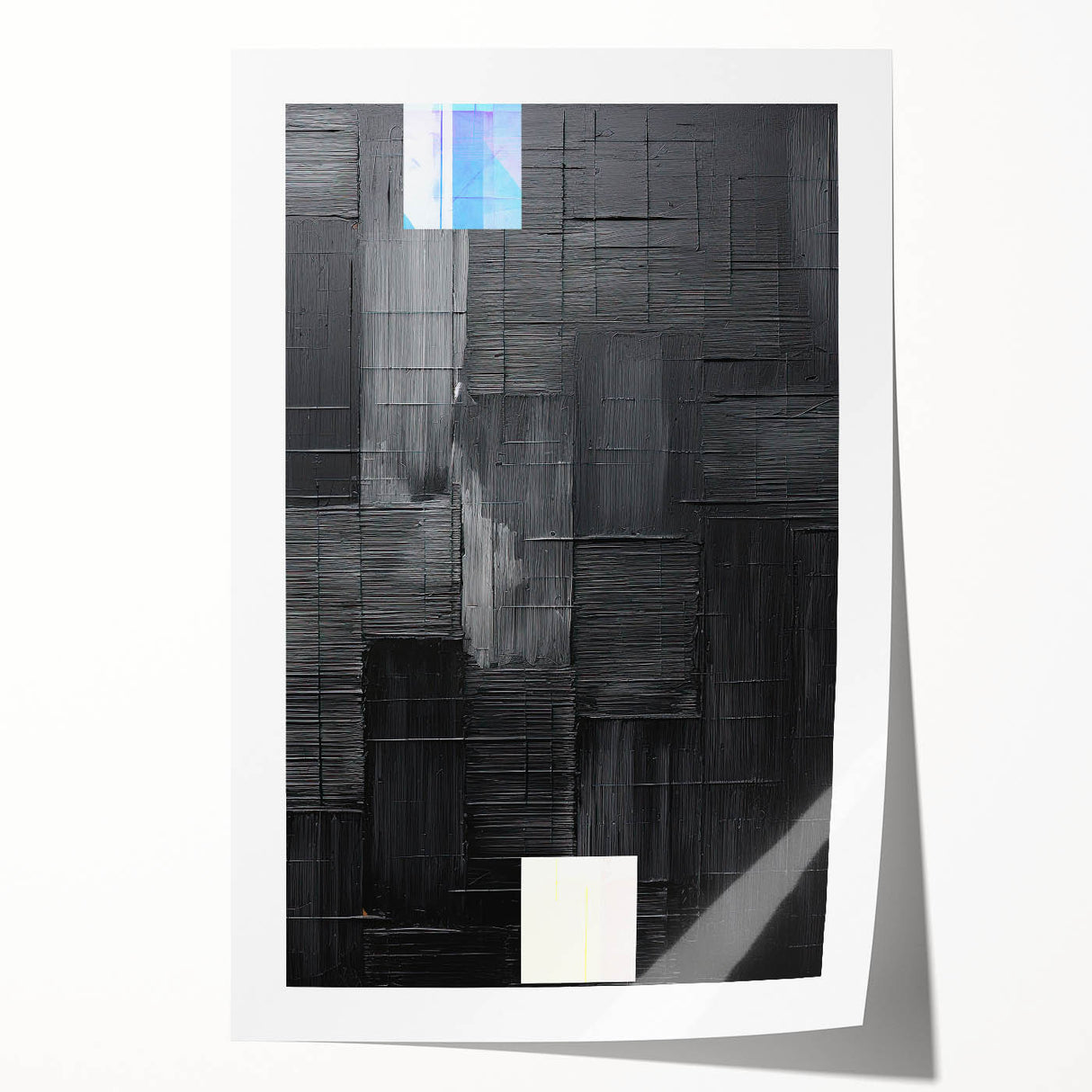 Abstract minimalist wall art print with soft pastel colors and geometric shapes, rolled and ready for display, showcasing modern decor aesthetic.