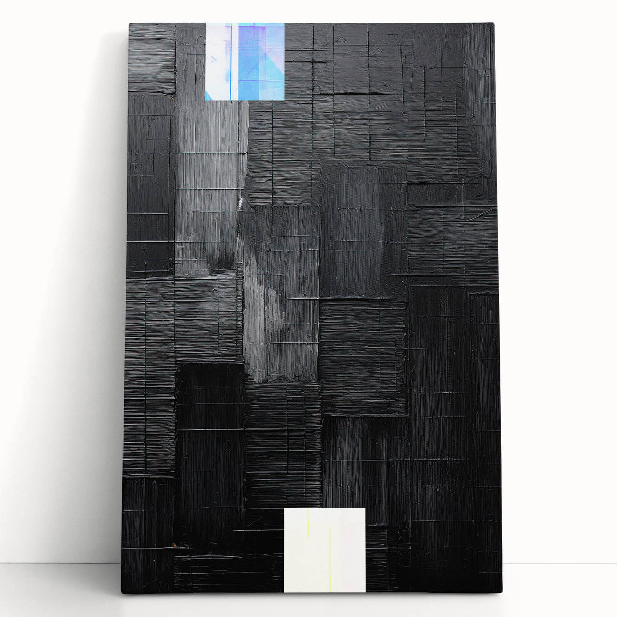 Abstract minimalist wall art on stretched canvas, featuring soft earth tones and geometric shapes, leaning against a neutral wall, ideal for modern decor.