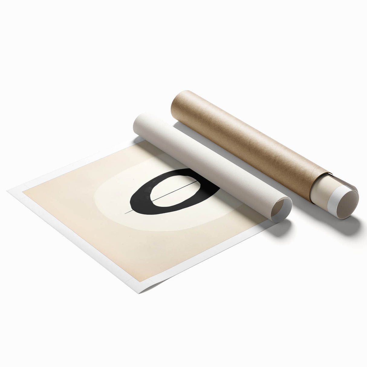 Abstract minimalist wall art print showcasing soft pastel colors and geometric shapes, elegantly rolled and showcased in a protective cardboard tube for easy display.