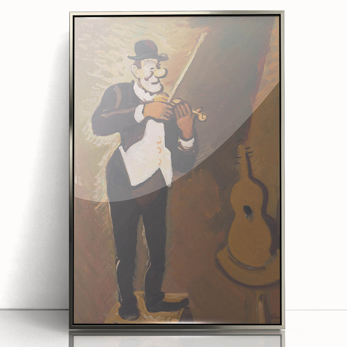 Vintage Performer Wall Art - Whimsical Clown Playing Violin in Warm Tones